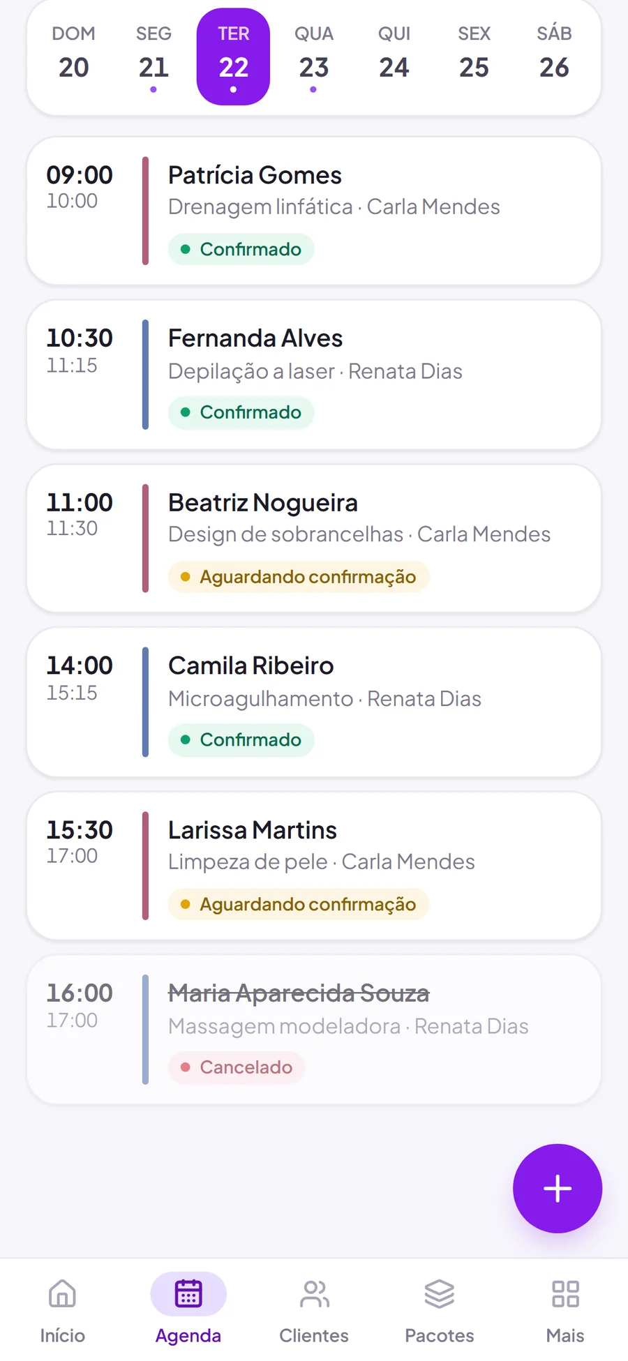 Agenda do dia no CliniWay, com os horários em cartões