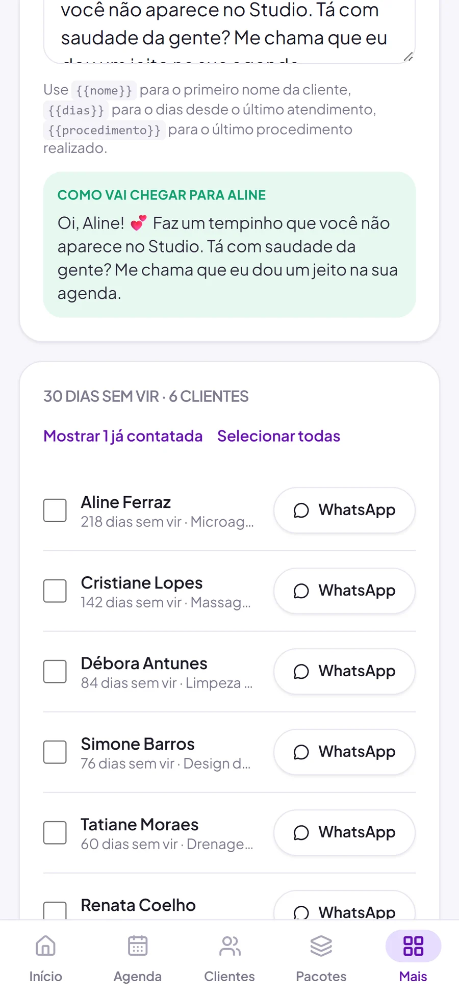 Lista de clientes que não voltam há mais de 30 dias, com botão de WhatsApp