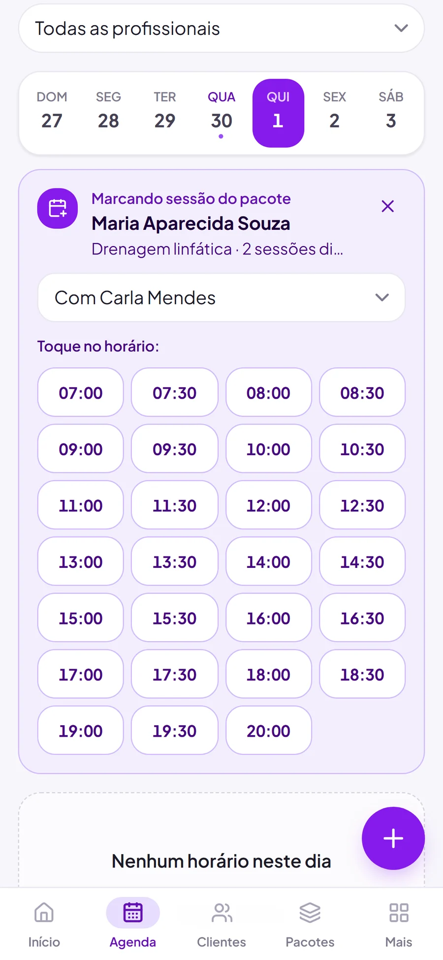 Marcando a próxima sessão de um pacote: horários livres do dia